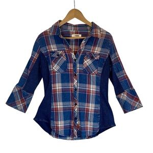 Ci Sono Plaid Button Down Shirt XL Distressed Ribbed Contrast Blue & Red